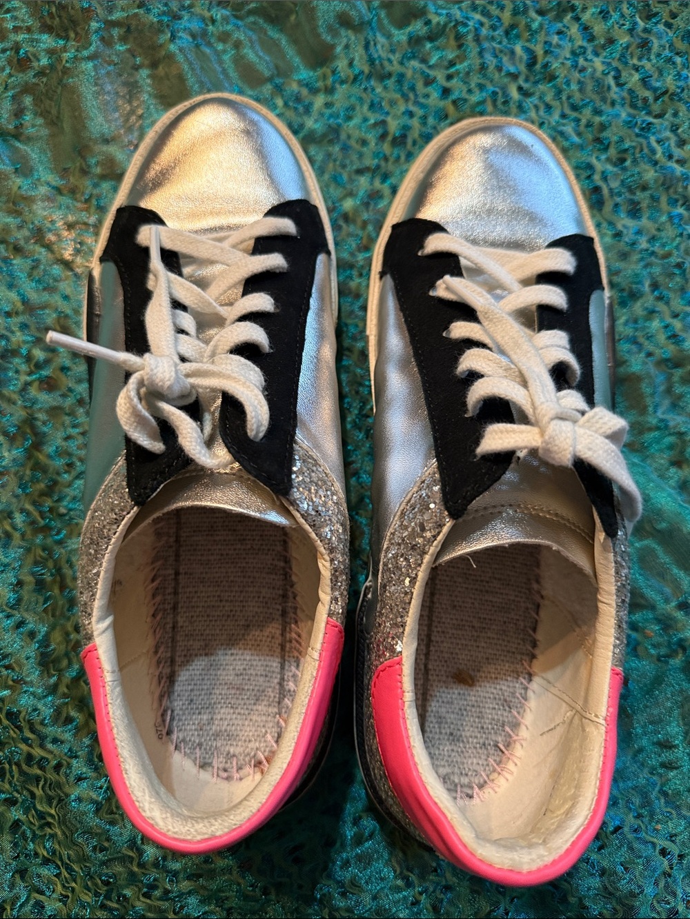 Dolce Vita Metallic Silver Sneakers with Black Accents and Pink Heel